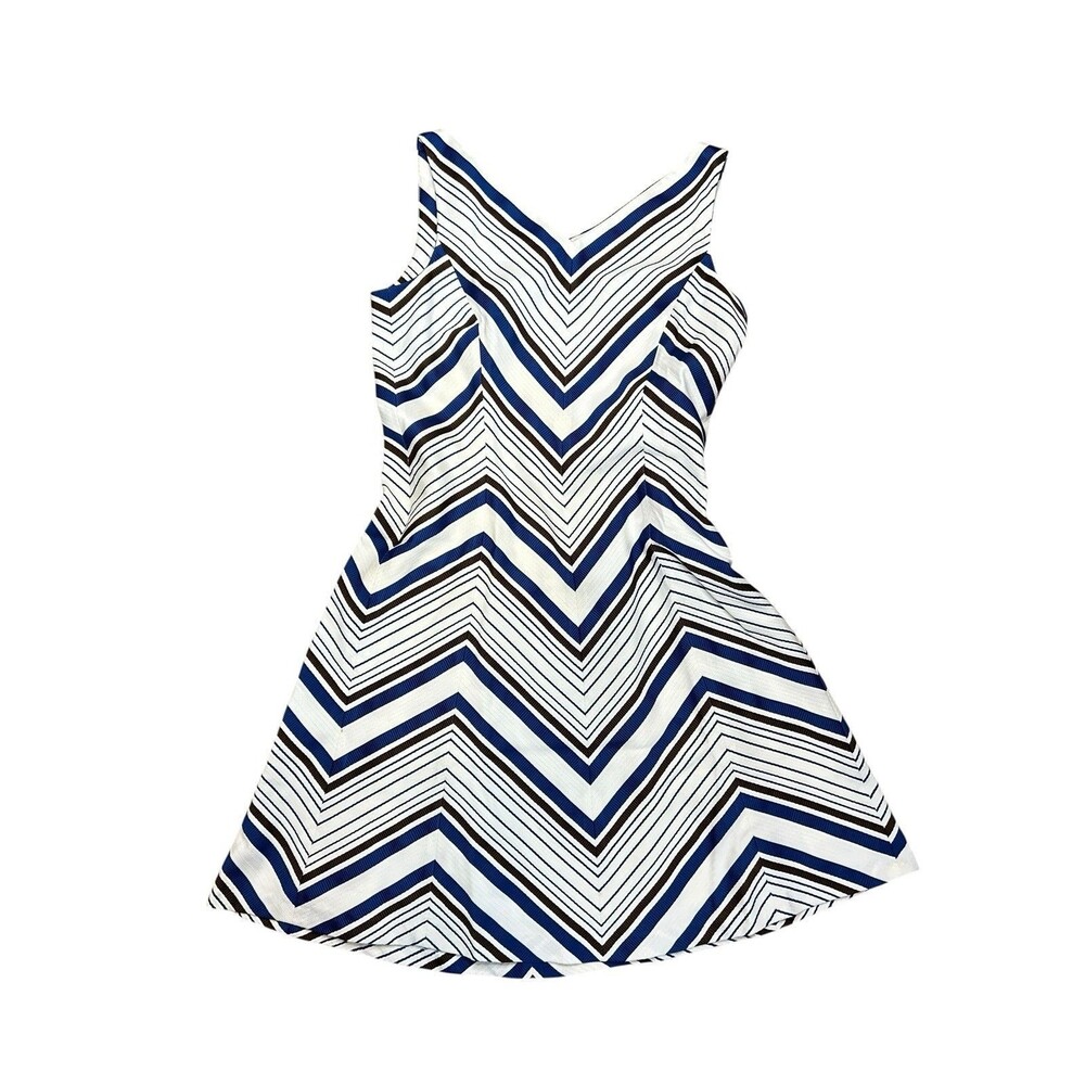 Worth NY Dress Fit and Flare Sleeveless V-Neck Blue White Black Stripes Size 12